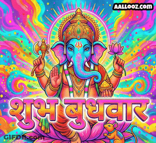 A Colorful Painting Of A Elephant Holding A Lotus Flower And The Words " Aallooz.com " On The Bottom GIF