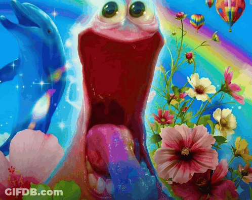 A Colorful Painting Of A Frog With Its Mouth Open And Flowers In The Background GIF