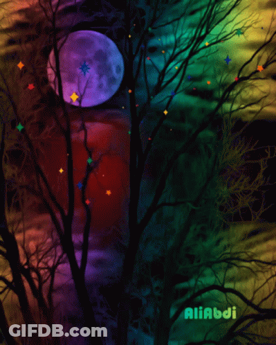 A Colorful Painting Of A Full Moon Behind Trees GIF