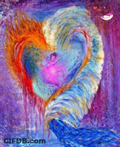 A Colorful Painting Of A Heart With A Rabbit On The Bottom Right GIF