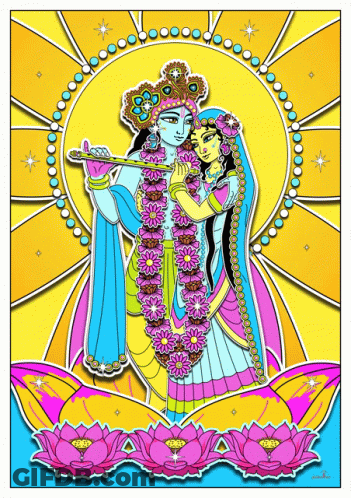 A Colorful Painting Of A Man Playing A Flute And A Woman Holding A Flower GIF