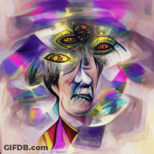A Colorful Painting Of A Man 'S Face With Three Eyes GIF