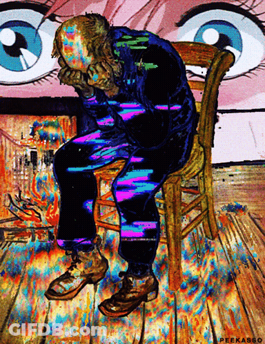 A Colorful Painting Of A Man Sitting In A Chair With His Head In His Hands GIF