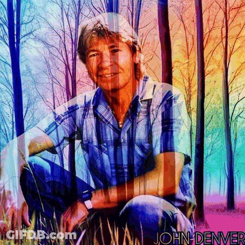A Colorful Painting Of A Man With The Name John Denver On It GIF