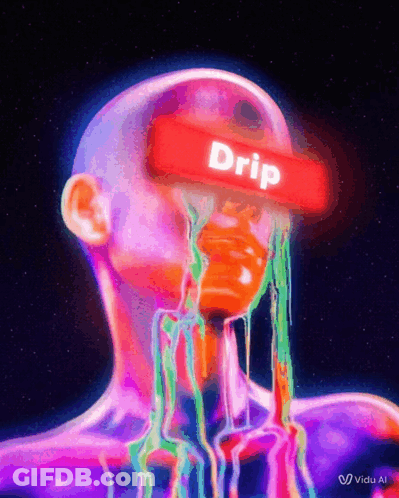 A Colorful Painting Of A Man With The Word Drip Written On His Head GIF