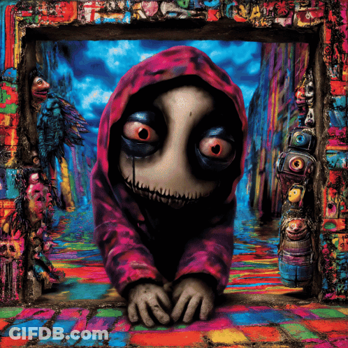 A Colorful Painting Of A Monster In A Red Hood GIF