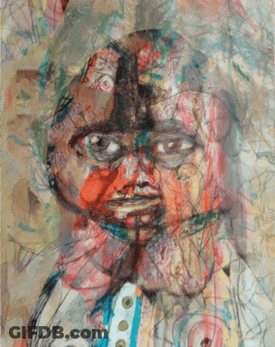 A Colorful Painting Of A Person 'S Face With A Blue And White Shirt GIF