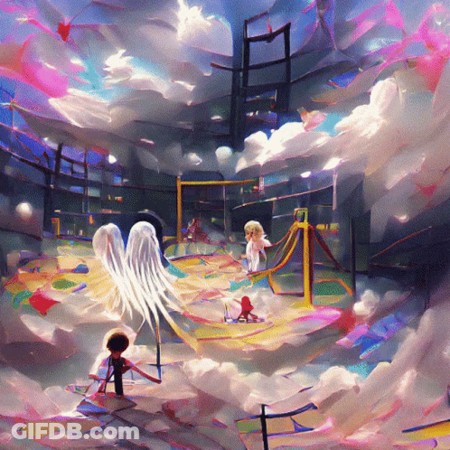 A Colorful Painting Of A Playground With Angels And A Boy GIF