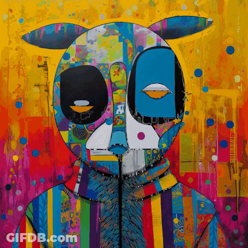 A Colorful Painting Of A Rabbit With A Yellow Background And The Word Rabbit On It GIF