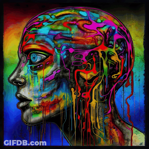 A Colorful Painting Of A Woman 'S Face With A Blue Eye And A Brain GIF