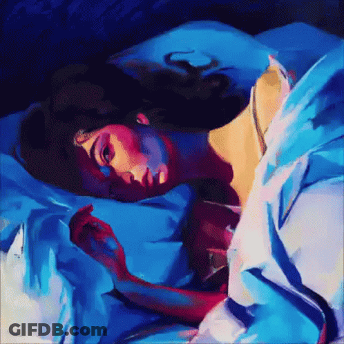 A Colorful Painting Of A Woman Sleeping In A Bed With Blue Sheets GIF