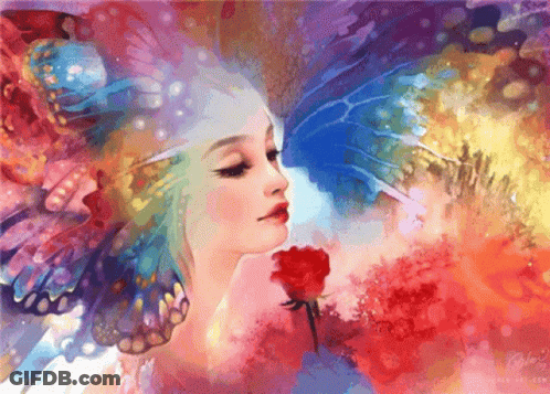 A Colorful Painting Of A Woman With Butterfly Wings Holding A Red Rose GIF