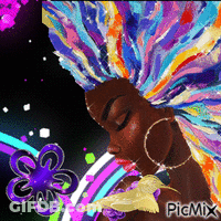 A Colorful Painting Of A Woman With Her Eyes Closed And Picmix Written On The Bottom GIF