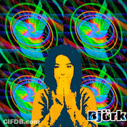 A Colorful Painting Of A Woman With The Name Bjork On It GIF