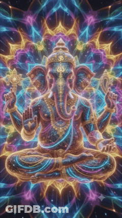 A Colorful Painting Of An Elephant Sitting In A Lotus Position With An Om Symbol On His Head GIF