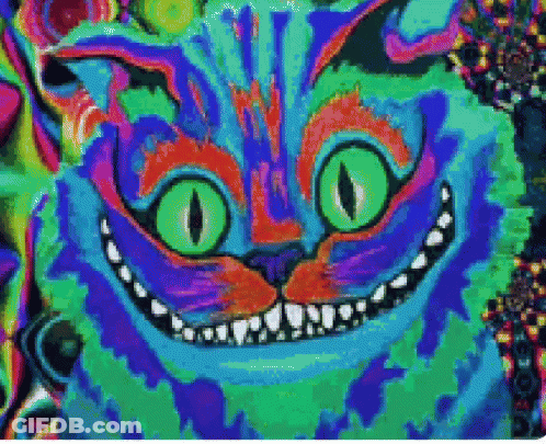 A Colorful Painting Of Cheshire Cat Smiling With Green Eyes GIF