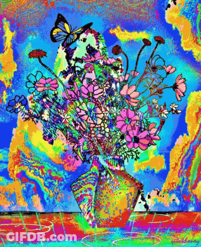 A Colorful Painting Of Flowers With A Butterfly On Top GIF