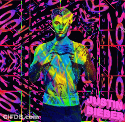 A Colorful Painting Of Justin Bieber With A Rainbow Background GIF