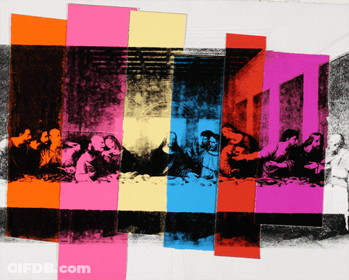 A Colorful Painting Of The Last Supper With Jesus And His Apostles GIF