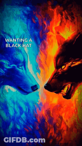 A Colorful Painting Of Two Wolves With The Words Wanting A Black Hat Below Them GIF