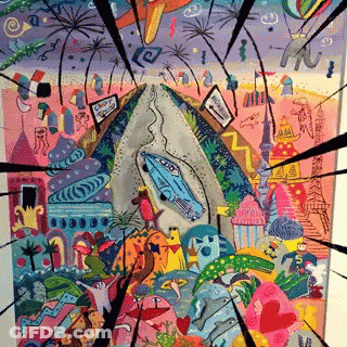A Colorful Painting With A Blue Car In The Middle Of It GIF