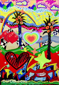 A Colorful Painting With Hearts Palm Trees And A Crab GIF