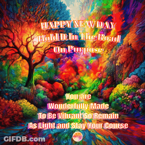 A Colorful Painting With The Words Happy New Day Hold It In The Road GIF