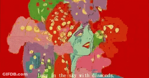 A Colorful Painting With The Words Lucy In The Sky With Diamonds Below It GIF