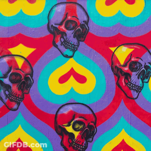 A Colorful Pattern Of Skulls And Hearts On A Purple Background GIF
