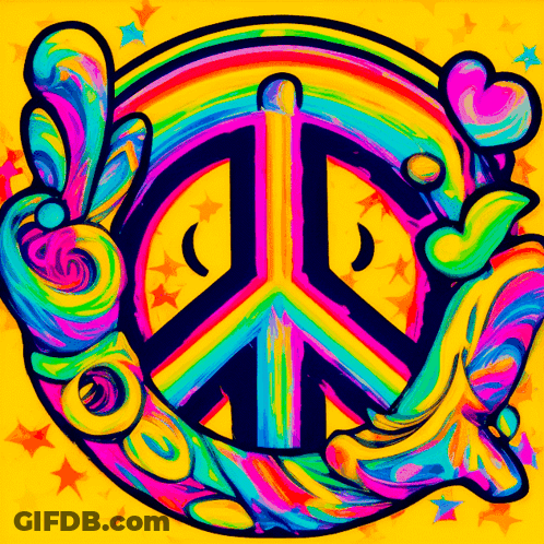 A Colorful Peace Sign Is Surrounded By A Rainbow And Stars GIF