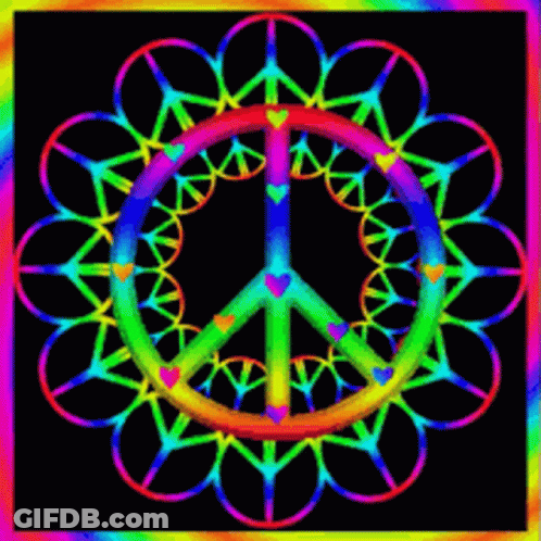 A Colorful Peace Sign Is Surrounded By Hearts GIF
