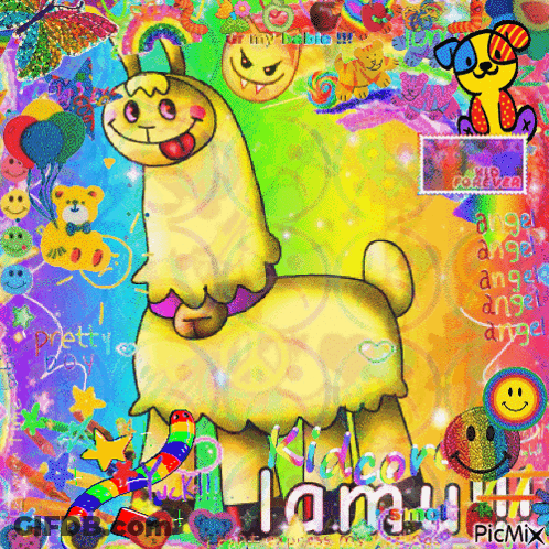 A Colorful Picture Of A Llama With The Words " I Am A Llama " On It GIF