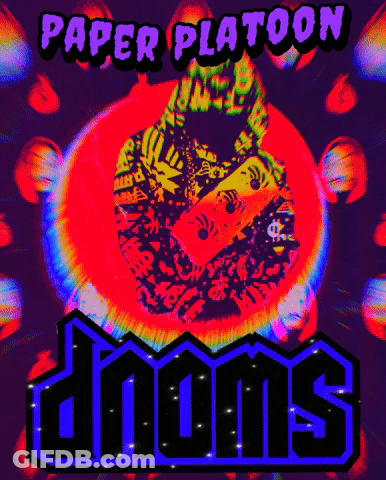 A Colorful Poster For Paper Platoon Dooms With A Skateboard In The Middle GIF