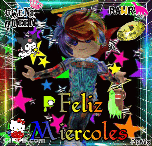 A Colorful Poster That Says Feliz Miercoles With A Hello Kitty GIF
