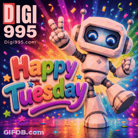 A Colorful Poster That Says Happy Tuesday With A Robot On It GIF