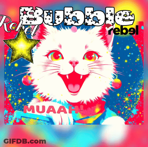 A Colorful Poster With A White Cat And The Words Rebel Rebel GIF