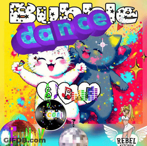A Colorful Poster With Two Cats And The Word Dance On It GIF
