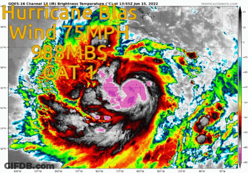 A Colorful Satellite Image Of A Hurricane With The Words Hurricane Blas Wind 75 Mph GIF