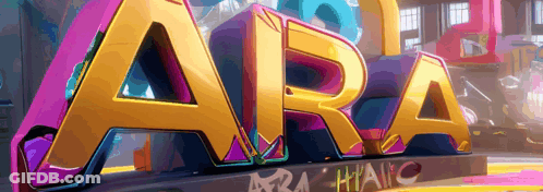 A Colorful Sign That Says Ara Hangs In The Street GIF