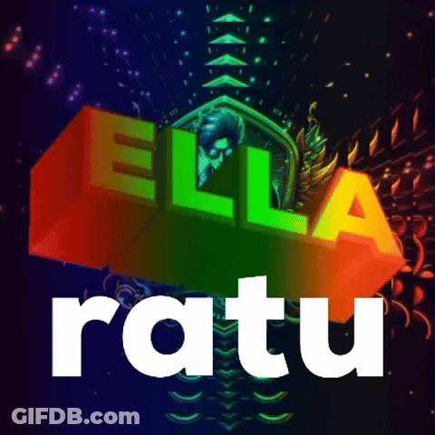 A Colorful Sign That Says Ella Ratu With A Man In A Mask GIF