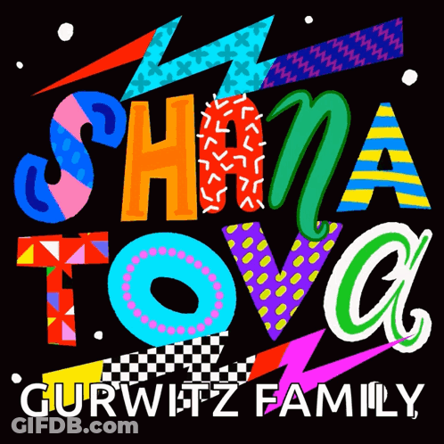 A Colorful Sign That Says ' Shana Tova ' On A Black Background GIF