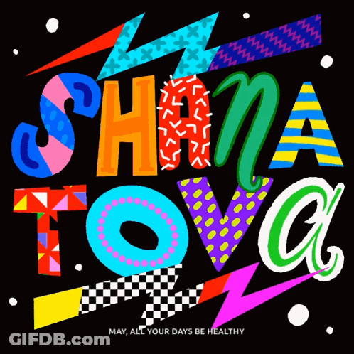 A Colorful Sign That Says ' Shana Tova ' On A Black Background GIF