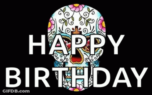 A Colorful Skull With The Words `` Happy Birthday '' Written On It GIF