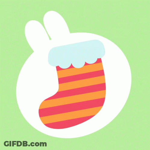 A Colorful Striped Christmas Stocking With Bunny Ears On Top GIF