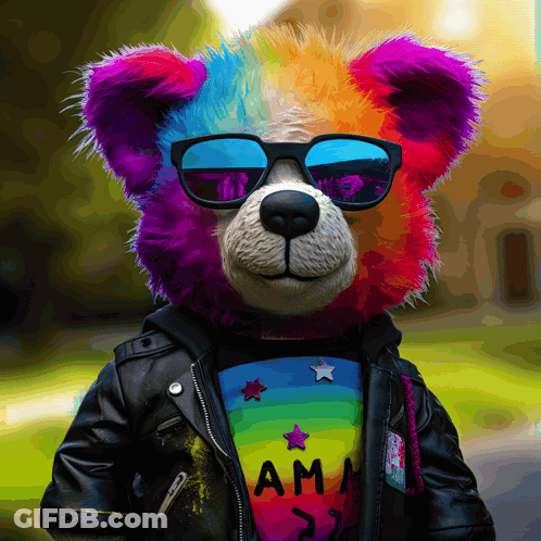 A Colorful Teddy Bear Wearing Sunglasses And A Rainbow Shirt With The Word Ama On It GIF