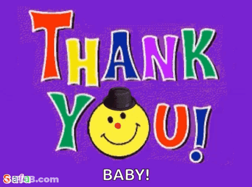 A Colorful Thank You Card With A Smiley Face Wearing A Top Hat GIF