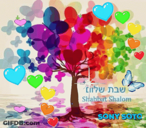 A Colorful Tree With Hearts And Butterflies And The Words Shabbat Shalom GIF