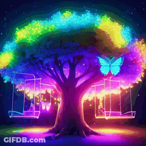 A Colorful Tree With Swings Underneath It And A Blue Butterfly On Top GIF