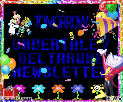 A Colorful Undertale Deltarune Banner With Balloons And Flowers GIF