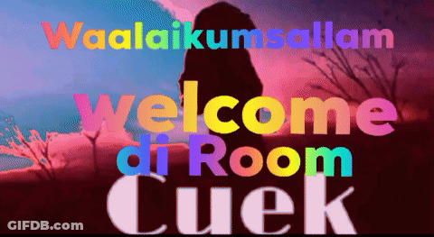 A Colorful Welcome To Room Cuek Sign With A Silhouette Of A Person In The Background GIF